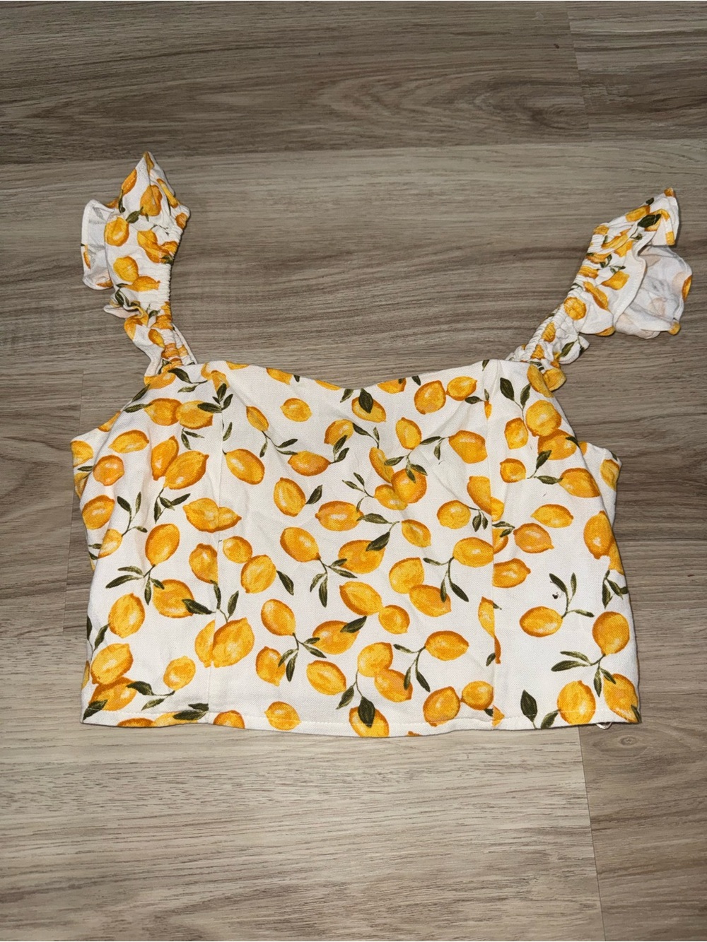 Women’s Lemon Print Ruffle Strap Crop Top - White & Yellow